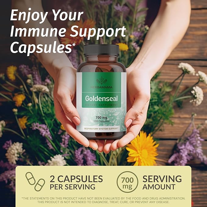 HERBAMAMA Goldenseal Root Capsules 700mg - Respiratory System & Immune Support with Goldenseal Powder Supplement - Vegan, Non-GMO
