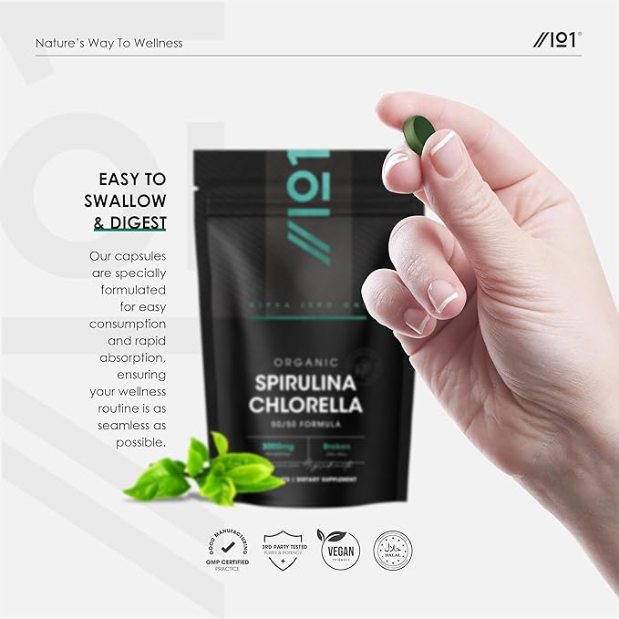 ALPHA01 Organic Spirulina Chlorella Tablets 3000mg – 360 Counts – 50/50 Blend Superfood – No Filler, No Additives, Cracked Cell Wall – Rich in Vegan Protein & Chlorophyll