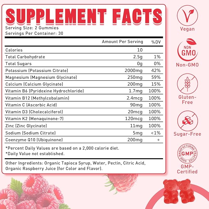 Potassium Citrate Gummies for Adults Men & Women, Potassium Supplement for Support Leg Cramps, Muscle Health & Electrolyte Balance, Vegan, Raspberry Flavor, 60 Count