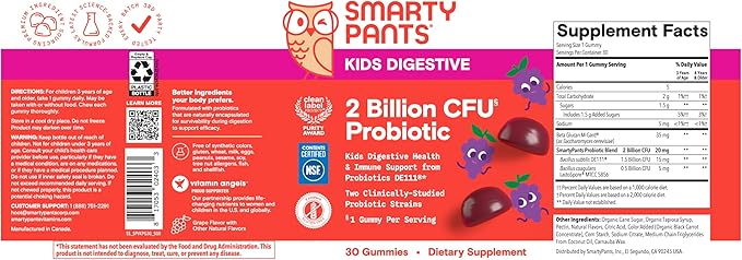 SmartyPants Kids Probiotic Gummies for Digestive Health: 2 Billion CFU Gut Health and Immune Support Supplement, Clinically Studied Probiotic, Gluten Free, Grape, 30 Count (30 Day Supply)