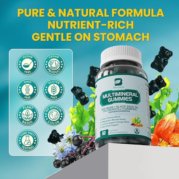 Sea Moss Black Seed Oil Ashwagandha Gummies, Irish Sea Moss Multimineral Supplement with Turmeric, Magnesium, Chlorophyll, Elderberry, Manuka Honey, Bladderwrack, Burdock Root, Vegan