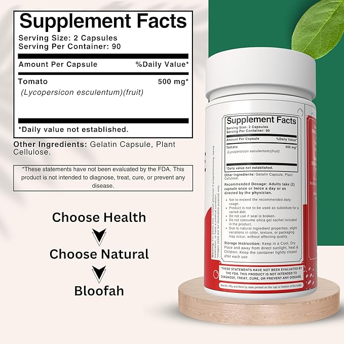 Tomato Powder Capsules 500mg - 180 Count (Lycopene) Natural Carotenoid Supplement for Health and Wellness Support | Gluten Free & Non-GMO, Plant Based