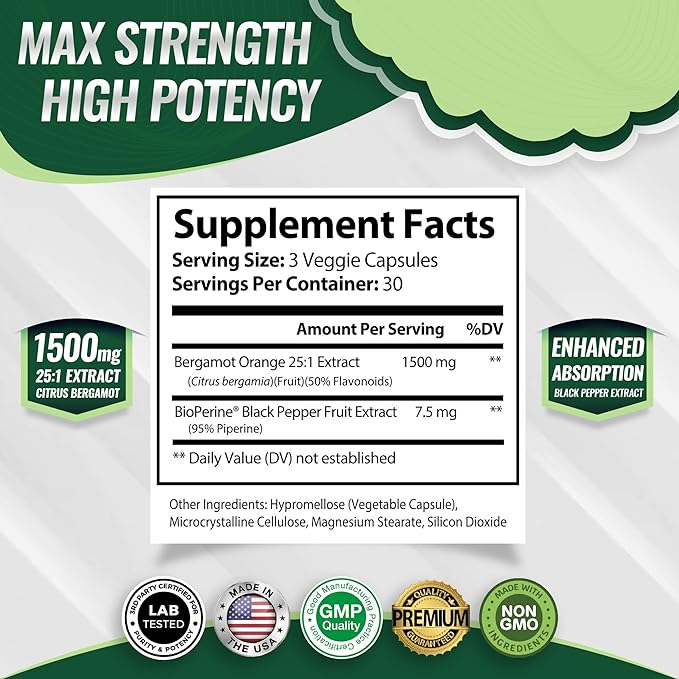 Citrus Bergamot Supplement 1500mg - 25:1 Bergamot Extract to Support Overall Health, Immune System, Potent Antioxidant High Absorption Natural Vegan Non-GMO for Men Women, 90 Capsules