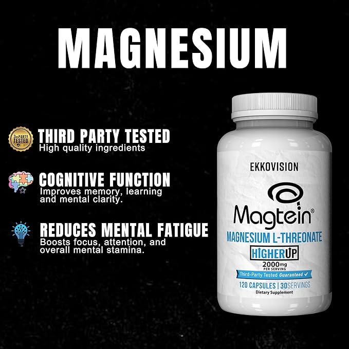 Magtein Magnesium L-Threonate, Memory & Cognitive Function Support, Magnesium Supplement with Essential Minerals for Men & Women, 2000 MG Per Serving, 120 Easy-to-Swallow Capsules