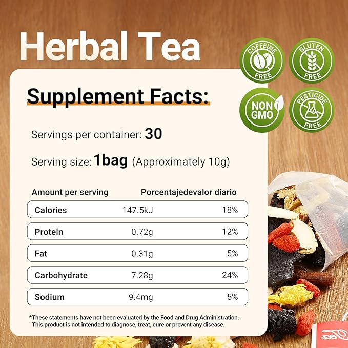 Kidney Tea Formula Ginseng Five Treasures Tea - 30 Bags, Traditionally Family-Grown, Caffeine-Free Pure Herbal Blend with 8 Traditional Chinese Herbs for Men & women