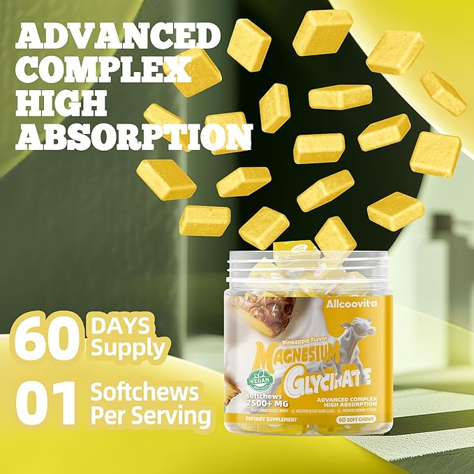 Magnesium Glycinate Soft Chews, Pineapple Flavor.Chewable Sugar Free Potassium Magnesium Chews with Magnesium Glycinate, Vitamin D, B6, and CoQ10 for Calm Support & Sleep for Adults, 60 Days Supply