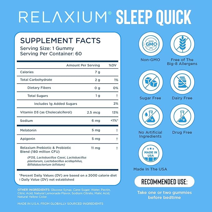 Relaxium Sleep Quick Gummy, Sleep Aid Support, 5 mg Melatonin, Vitamin D-3, Prebiotic & Probiotic Blend, Gluten & Drug Free, Lemon Flavor, 60 Gummies