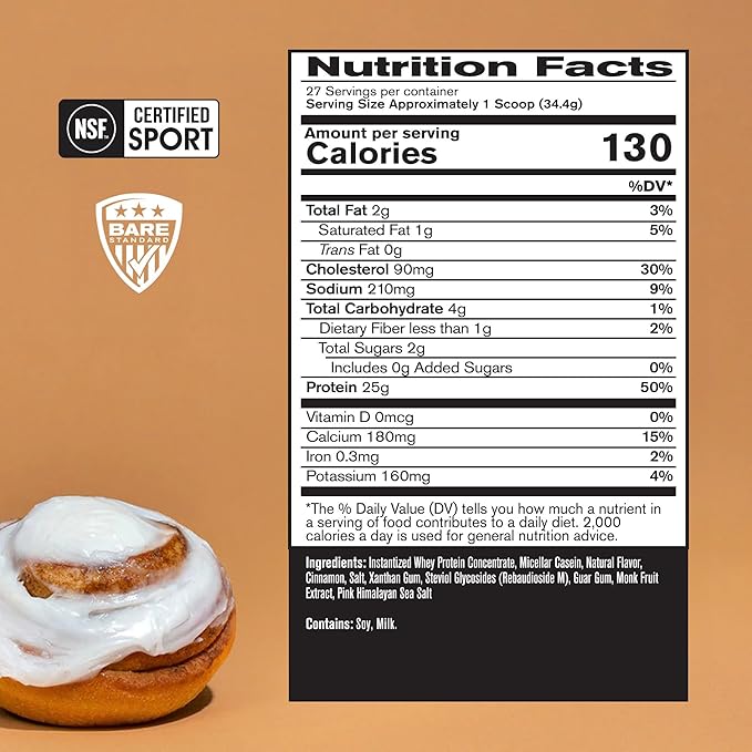 BARE PERFORMANCE NUTRITION, BPN Whey Protein + Casein Protein Powder Blend, Cinnamon Roll 25g Protein per Serving Supports Lean Muscle Recovery, 27 Servings, Third Party Tested