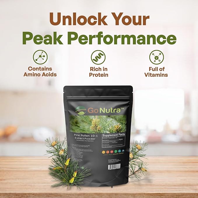 Go Nutra - Pine Pollen Powder, Potent 10:1 Pine Pollen Powder from Masson Pine Trees, Pure Powdered Pine Pollen for Tea, Coffee, Juice, Smoothies, and More, Non-GMO, Vegan, 8 oz