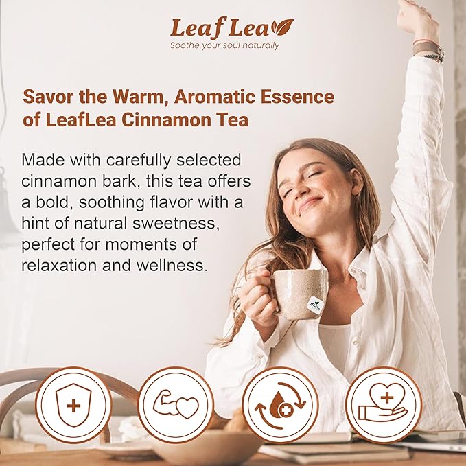 LeafLea Cinnamon Tea Bags, 80 Count (2-Pack), 100% Natural Ground Cinnamon Stick Herbal Tea, Spiced and Warming Flavor for Relaxation, Caffeine-Free, Sugar-Free, Vegan