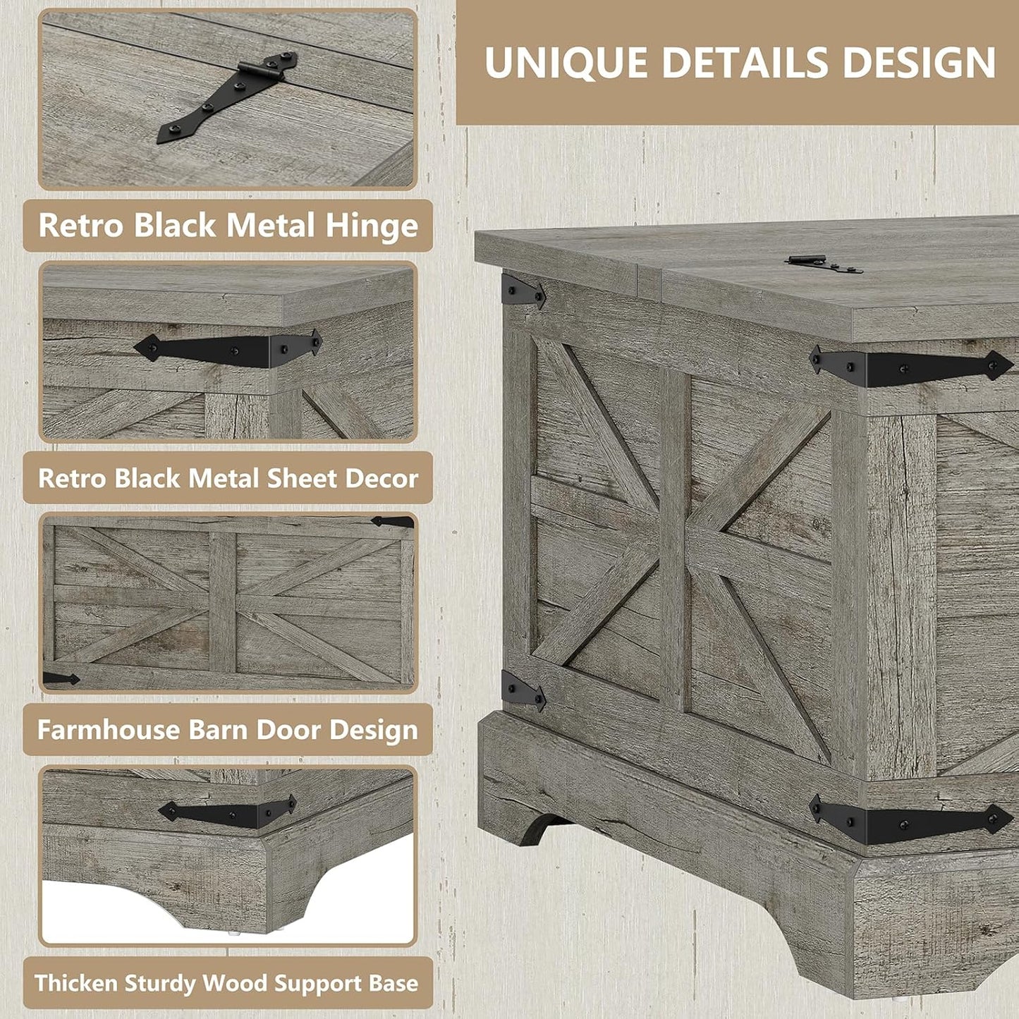 Furnideco Farmhouse Lift Top Coffee Table, Square Wood Center Table with Large Hidden Storage Compartment for Living Room, Rustic Modern Table with Hinged Lift Top, Oak Grey