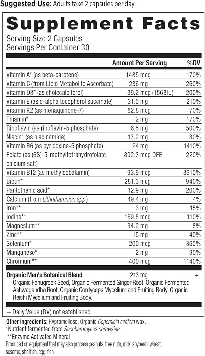 Ancient Nutrition Multivitamin for Men, Men's Fermented Multivitamin with Vitamin A, C, D, E, K, Zinc & Magnesium, Immune Support, Vegan, 60 Ct