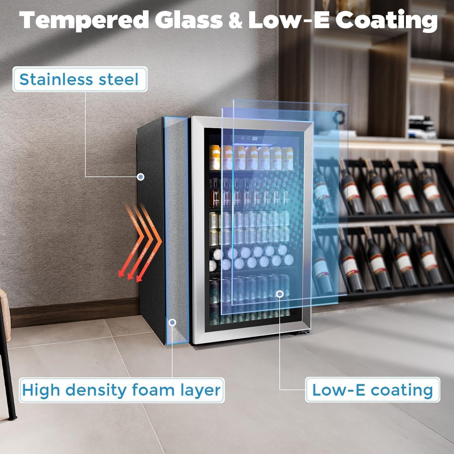 COWSAR Wine Cooler, 26 Bottle 130 Can Beverage Refrigerator, ETL Approved Mini Drink Fridge Clear Glass Door Quiet Compressor Adjust Temp 3.2 Cu.Ft Wine Fridge for Soda Beer