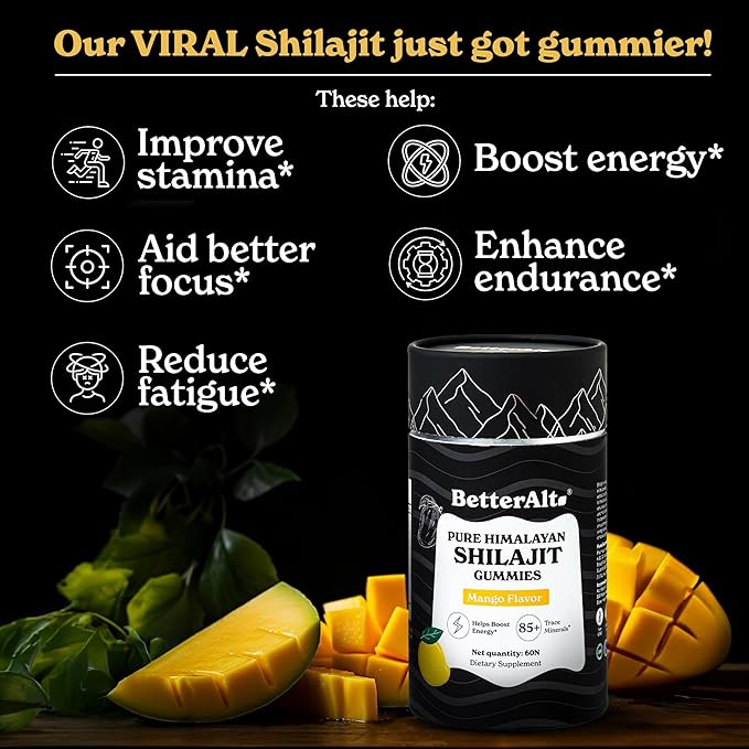 Pure Himalayan Shilajit Gummies with Shilajit |High Potency Gold Grade| 60 Gummies for Energy Boost & Immune Support, 75 Percent + Fulvic Acid| Travel Friendly Mango Flavor