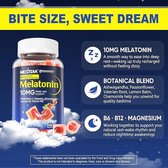 Sugar Free Melatonin Gummies 10mg 20mg Magnesium Glycinate Melatonin for Adults, Ashwagandha, L-Theanine, B6, B12, Lemon Balm and Chamomile for Deep Relaxation, Antioxidant, Vegan, 60 Day