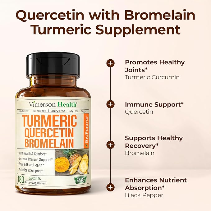 Quercetin with Bromelain Turmeric Curcumin Supplement – Allergy Relief, Joint & Immune Support – Organic Turmeric Supplement with Black Pepper (Bioperine) – Quercetin 500mg Capsules 2 Pack