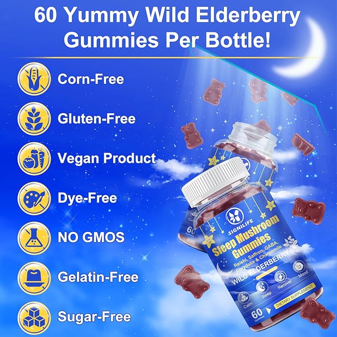 Sleep Mushroom Gummies with Reishi & Lions Mane -Natural Sleep Aid & Relaxation Supplement, Wild Elderberry Flavor, Non-GMO, No Sugar, 120 Count