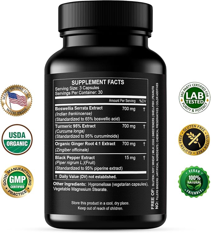 Boswellia Curcumin Ginger Extracts Supplement – Strong 95% Curcuminoids Natural Support Pills for Mobility & Flexibility – Extra Strength Boswelia with Turmeric Curcumin Organic Ginger Supplement