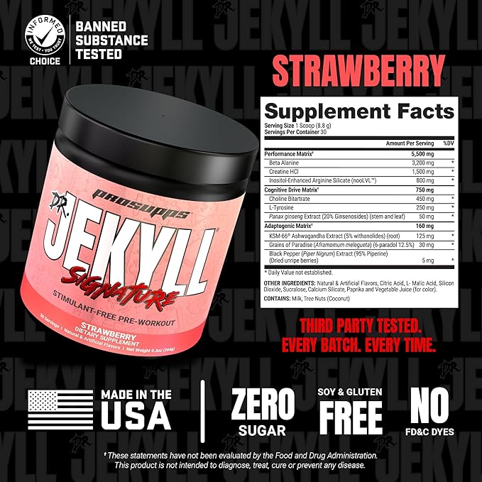 PROSUPPS Dr. Jekyll Signature Pre Workout Powder with Creatine - Stim-Free Preworkout Supports Muscle Volume & Endurance - Caffeine-Free Gym & Fitness Supplements (Strawberry, 30 Servings)