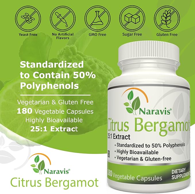 Citrus Bergamot Extract - 180 Capsules - 25:1 Extract - 50% Polyphenols - Black Pepper for Enhanced Absorption - Cholesterol lowering Supplements - Polyphenols Supplement