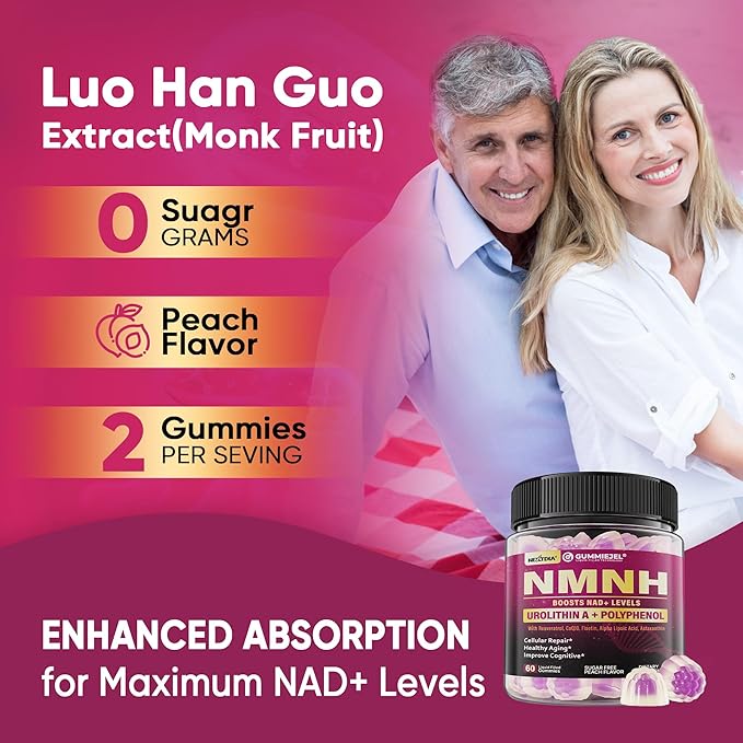 NMNH Gummies 300MG with Urolithin A, Polyphenol Blend, Resveratrol, NAD+ Supplement for Women & Men Boost NAD+ Levels, Optimized Aging, Cell Regeneration, DNA Repair, Energy, Focus, Sugar Free, 60cts