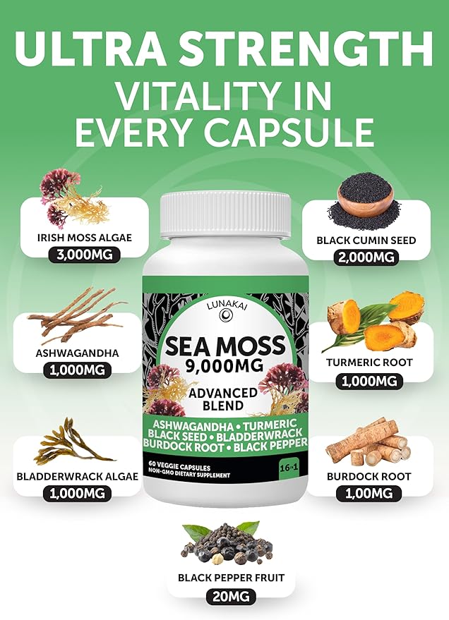 Lunakai USA Made Irish Sea Moss Capsules with Black Seed Oil, Ashwagandha, Burdock Root & Bladderwrack, 60ct