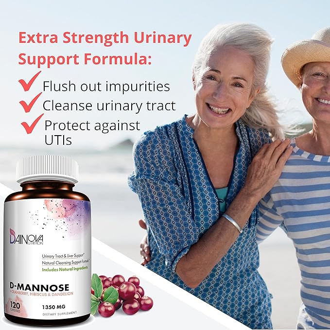 Dainova D Mannose 1350mg with Cranberry I D-Mannose Capsules for UTI Prevention, Urinary Tract Support, Urinary Tract Health for Women, & Cleanse. W/Hibiscus & Dandelion, 120 Veggie Capsules