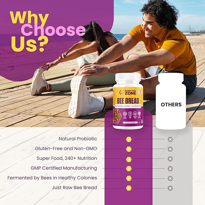 Bee Bread Capsules – Nutrient-Rich Superfood for Energy Boost, Immune Support Supplement | Non-GMO, Gluten-Free, 60 Easy-to-Swallow Veggie Capsules