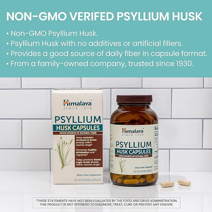 Himalaya Psyllium Husk Capsules - Daily Fiber Supplement for Supporting Digestive Health and Regularity - Vegan, Non-GMO, Sugar Free, Gluten Free, 180 Capsules