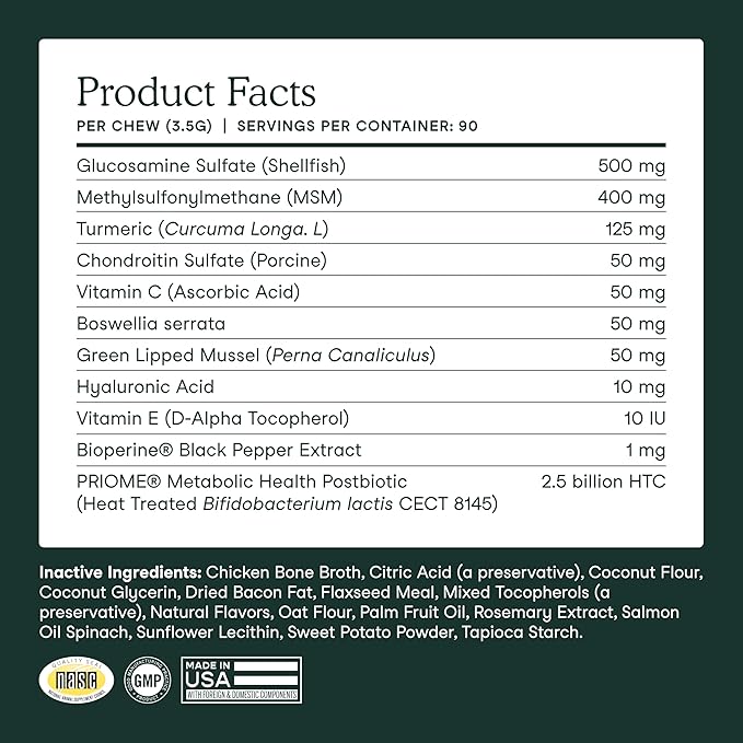 Fera Pet Organics Hip and Joint Supplement for Dogs 90 Chews Vet Created with Glucosamine Chondroitin, Omega 3, and Postbiotics to Support Overall Joint Health, Comfort, and Mobility