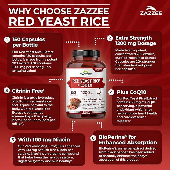 Extra Strength Red Yeast Rice with CoQ10 - 20X Concentrated 1200mg Red Yeast Rice Supplement with Niacin CoQ 10 and BioPerine for Enhanced Absorption - Non-GMO Vegan & ISO Lab Tested (75 Servings)