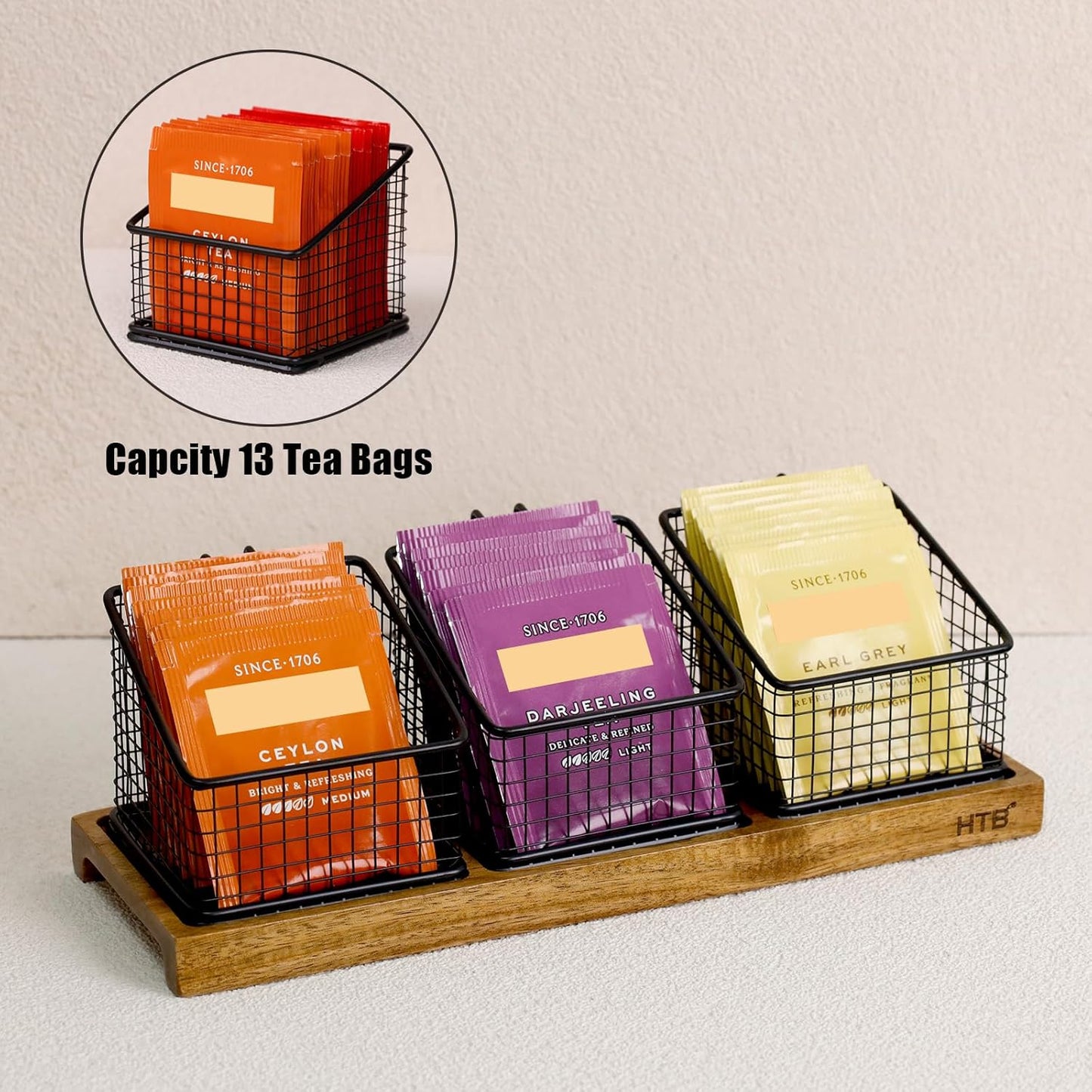 HTB Tea Organizer for Tea Bags, Tea Bag Holder with Acacia Wood Stand and 3 Removable Metal Basket for Sugar Packets, Sweeteners, Creamers for Cabinet, Countertop