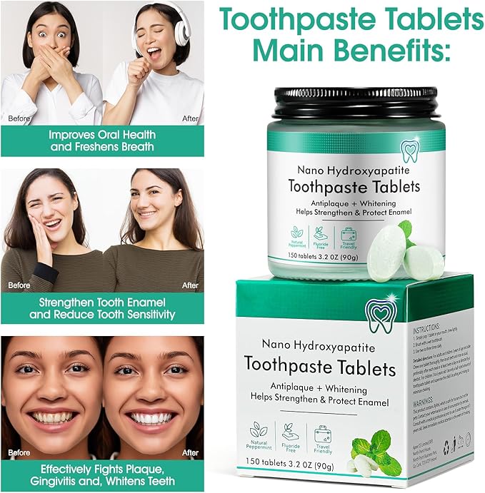 150 Pcs Toothpaste Tablets with Nano Hydroxyapatite for Deep Cleaning, Fresh Breath, Enamel-Safe, Fluoride & Plastic Free & Remineralizing Tablets with Coconut Oil, Peppermint, Xylitol