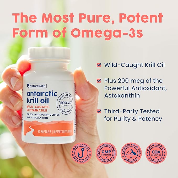 NativePath Wild-Caught Antarctic Krill Oil 500mg - Premium Astaxanthin 200mcg Phospholipid-Bound Omega-3 EPA DHA - Pure Formula GMP Certified Third Party Tested - 30 Softgels