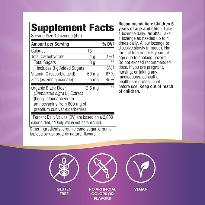 Nature's Way Sambucus Immune Lozenges, Zinc + Vitamin C, Black Elderberry Extract, USDA Certified Organic, Original Berry Flavored, 24 Lozenges (Packaging May Vary) - 3 Pack