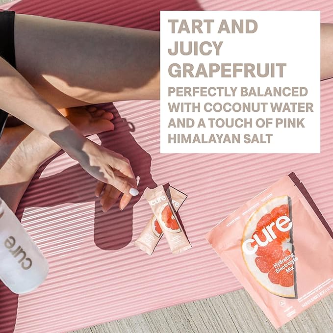 Cure Hydration Plant Based Electrolyte Mix | Powder for Dehydration Relief | Made with Coconut Water | No Added Sugar | Vegan | Paleo Friendly | Pouch of 14 Packets - Grapefruit