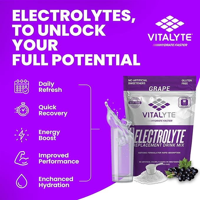 Vitalyte Electrolyte Powder Drink Mix, Isotonic Electrolyte Hydration Mix, Gluten Free Post Workout Powder Mix, Pack of 1, 35 oz., Grape Flavor