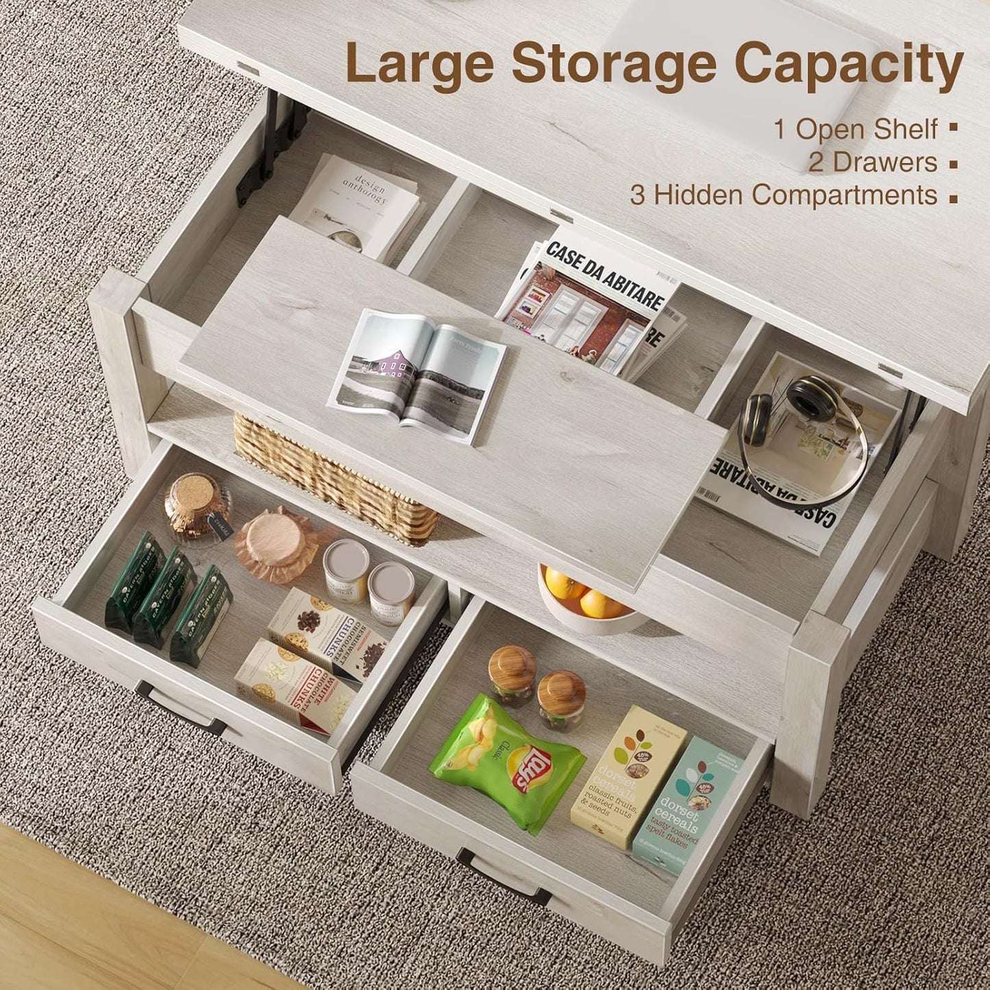 Rolanstar Coffee Table Lift Top, Multi-Function Convertible Coffee Table with Drawers and Hidden Compartment, Converts to Dining Table for Living Room, Home Office,Grey