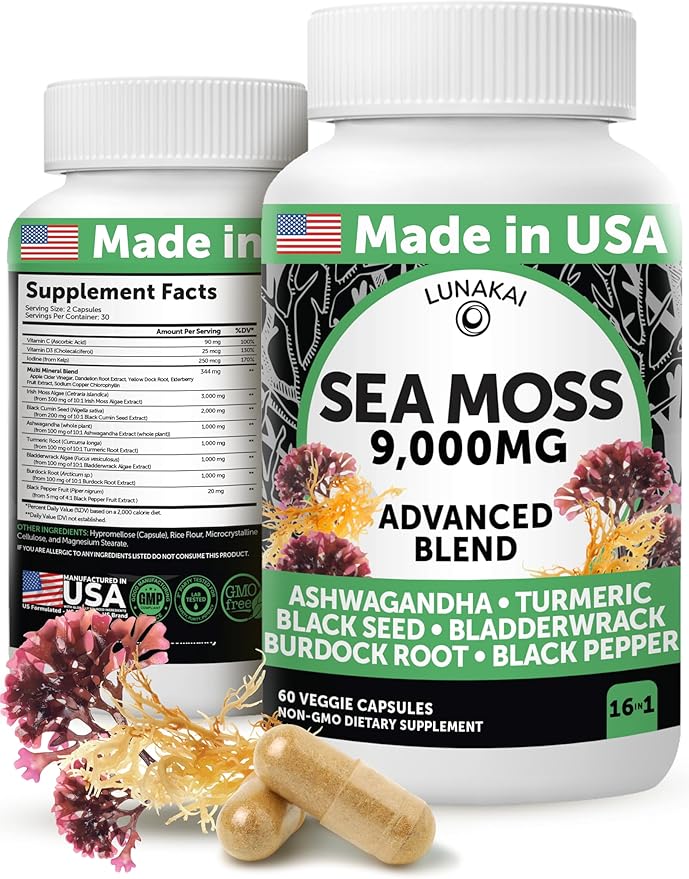 Lunakai USA Made Irish Sea Moss Capsules with Black Seed Oil, Ashwagandha, Burdock Root & Bladderwrack, 60ct