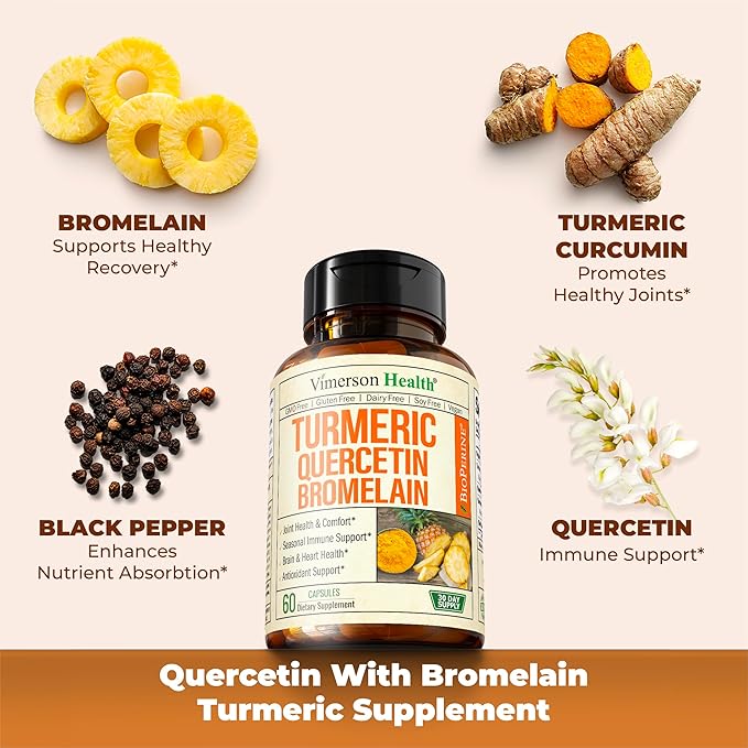 Quercetin with Bromelain Turmeric Curcumin Supplement – Allergy Relief, Joint & Immune Support – Organic Turmeric Supplement with Black Pepper (Bioperine) – Quercetin 500mg Capsules 2 Pack