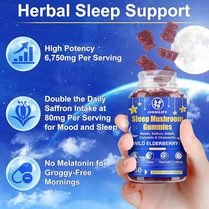 Sleep Mushroom Gummies with Reishi & Lions Mane -Natural Sleep Aid & Relaxation Supplement, Wild Elderberry Flavor, Non-GMO, No Sugar, 120 Count