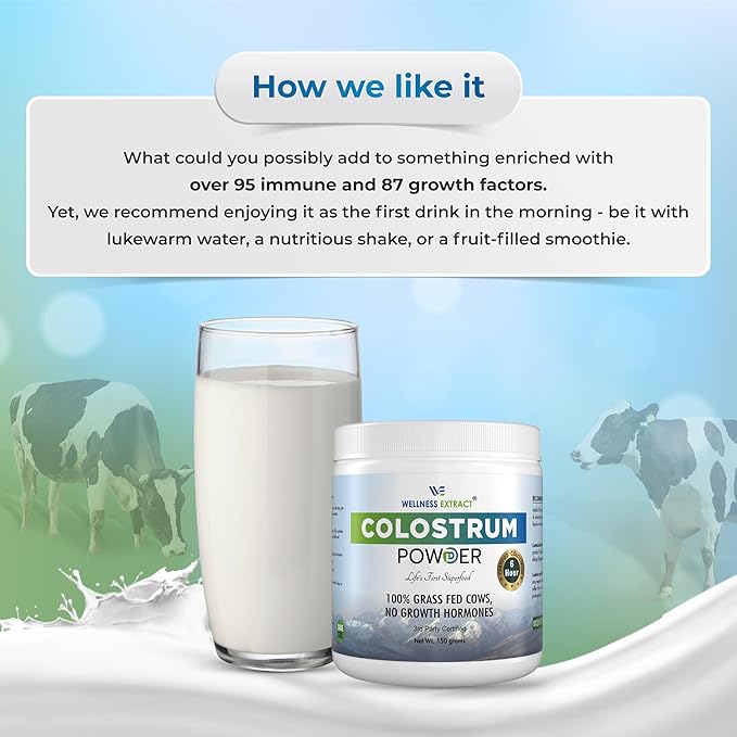 Bovine Colostrum Powder Rich in Protein & Lactoferrin- The True Certified Supplement for Immune Support, Gut Health, Muscle Growth - 150g