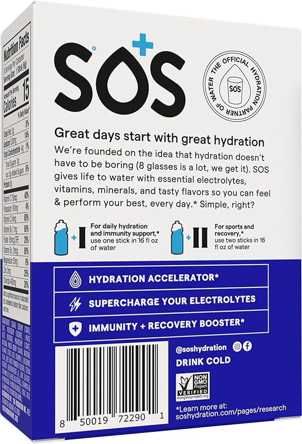 SOS Hydration Electrolyte Powder 8 Stick Packs – Low-Calorie, Rapid Rehydration, Made in USA, Keto (8 Servings, Mixed Berry)