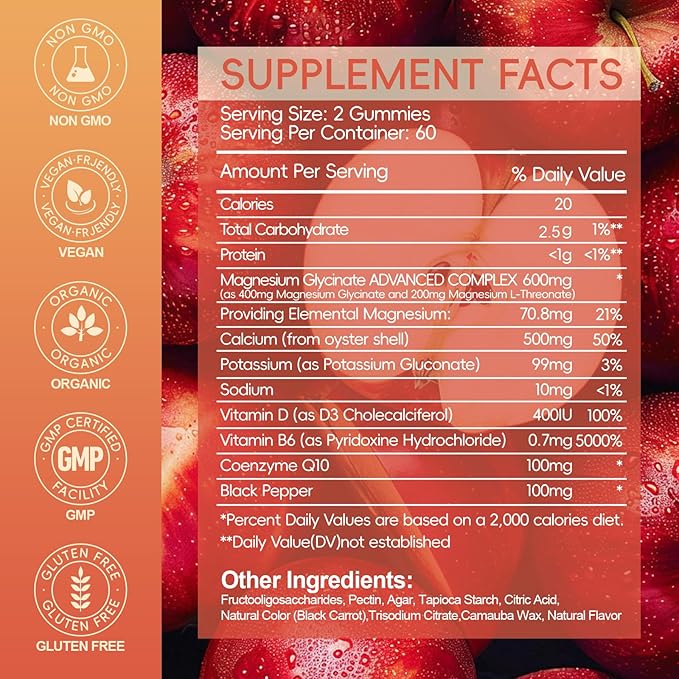 Magnesium Glycinate Gummies 600mg High Absorption, Magnesium Glycinate for Women and Men with Vitamin D, B6, and CoQ10 for Adults & Kids, Magnesium Supplement for Calm Support & Sleep, 120 Count
