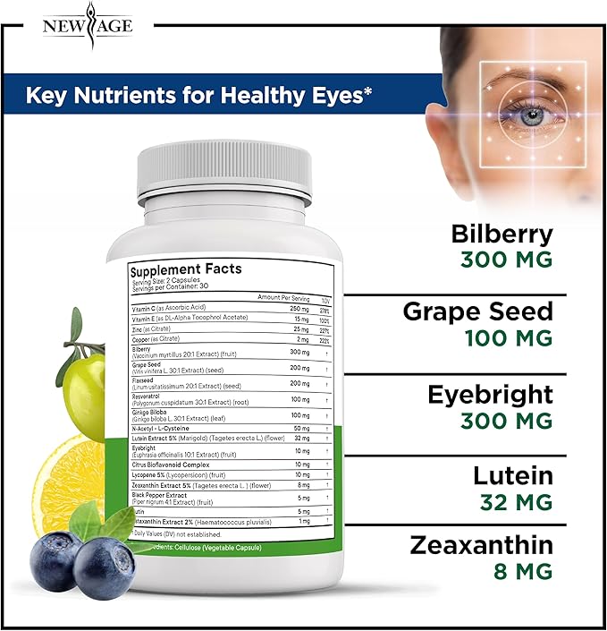 NEW AGE AREDS 2 Eye Vitamins - Lutein, Zeaxanthin, Bilberry, Astaxanthin Mineral Vision Supplement - 60 Count