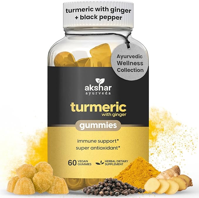 Akshar Ayurveda - Turmeric with Ginger Gummies - Immune Support Turmeric Curcumin Supplements with Ginger Root and Piperine Black Pepper Super Antioxidant - Vegan Cruelty-Free (60 Vegan Gummies)