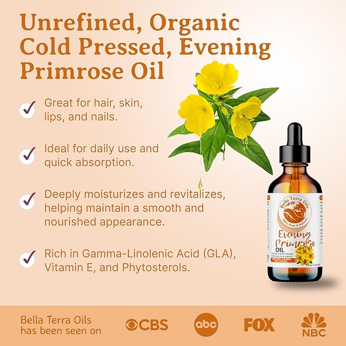 Bella Terra Oils - Organic Evening Primrose Oil 16oz - Discover the Cold-Pressed Excellence of Primrose, Loaded with Essential Nutrients & Omega-6, Distinct Elixir for Luminous Skin