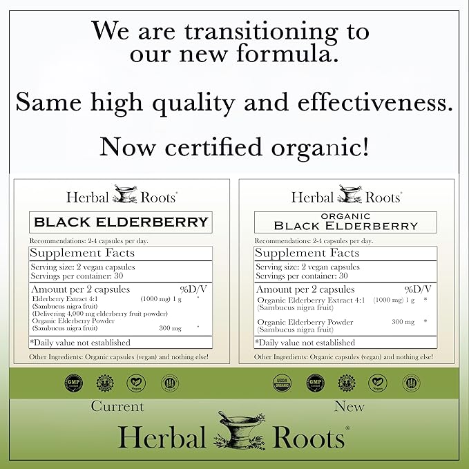 Herbal Roots Organic Black Elderberry Capsules | Max Strength | Made with Organic Sambucus | 60 Vegan Capsules