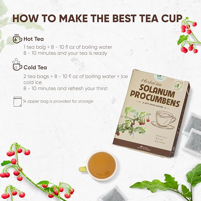 NMPT 100% Solanum Procumbens Leaf Tea, Hand Pick, CĆ Gai Leo Organic Herbal Tea, 40 Count, Freeze Drying, Gluten Free, Dairy Free, No Sugar Added, Energy Boost & Health Support, 0.07 Oz Each