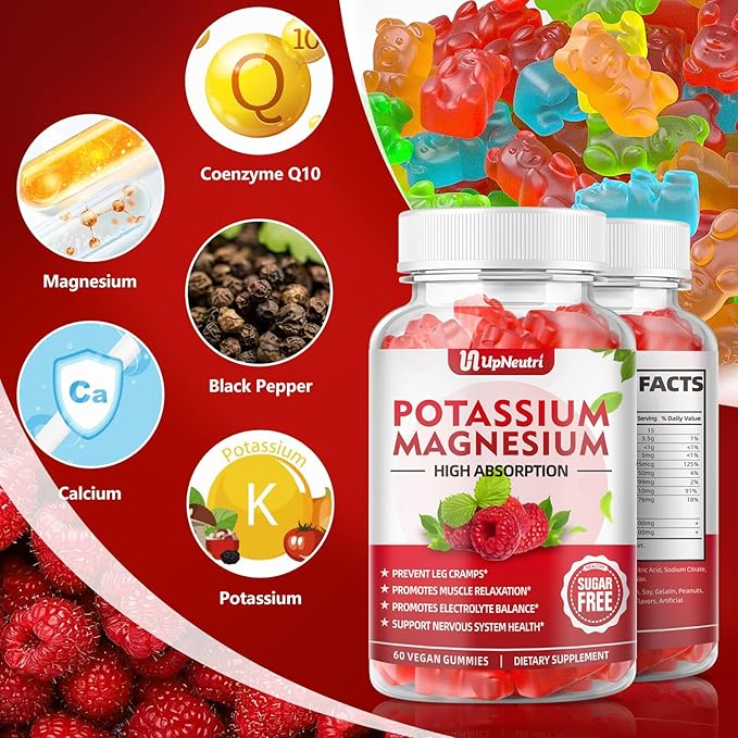 Potassium Magnesium Supplement Gummies for Adults Kids, Sugar-Free Potassium Gummies Supports Leg Cramps & Muscle & Immune Health, High Absorption Magnesium Gummies Raspberry Flavor 120 Cts